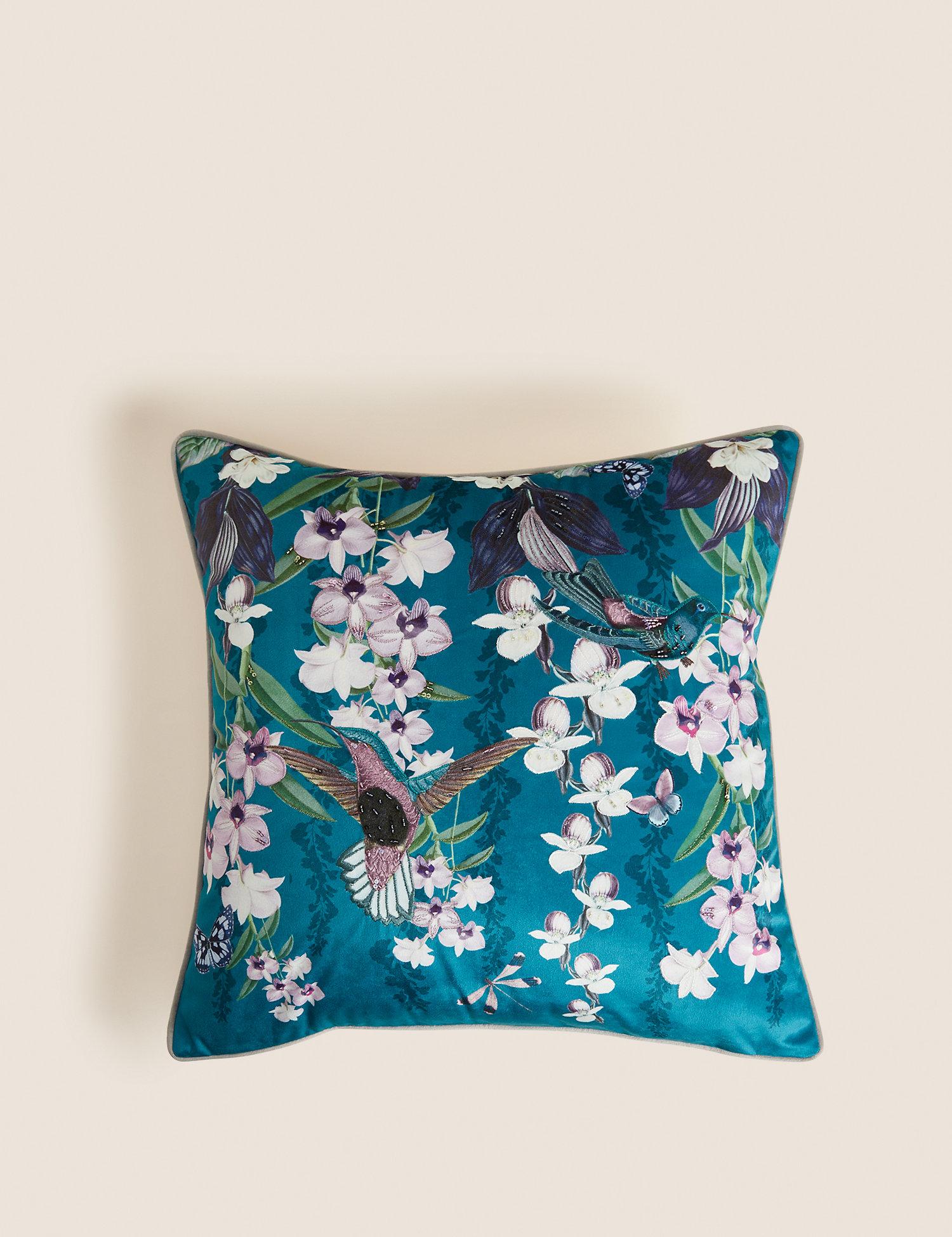 Velvet Bird Embellished Cushion