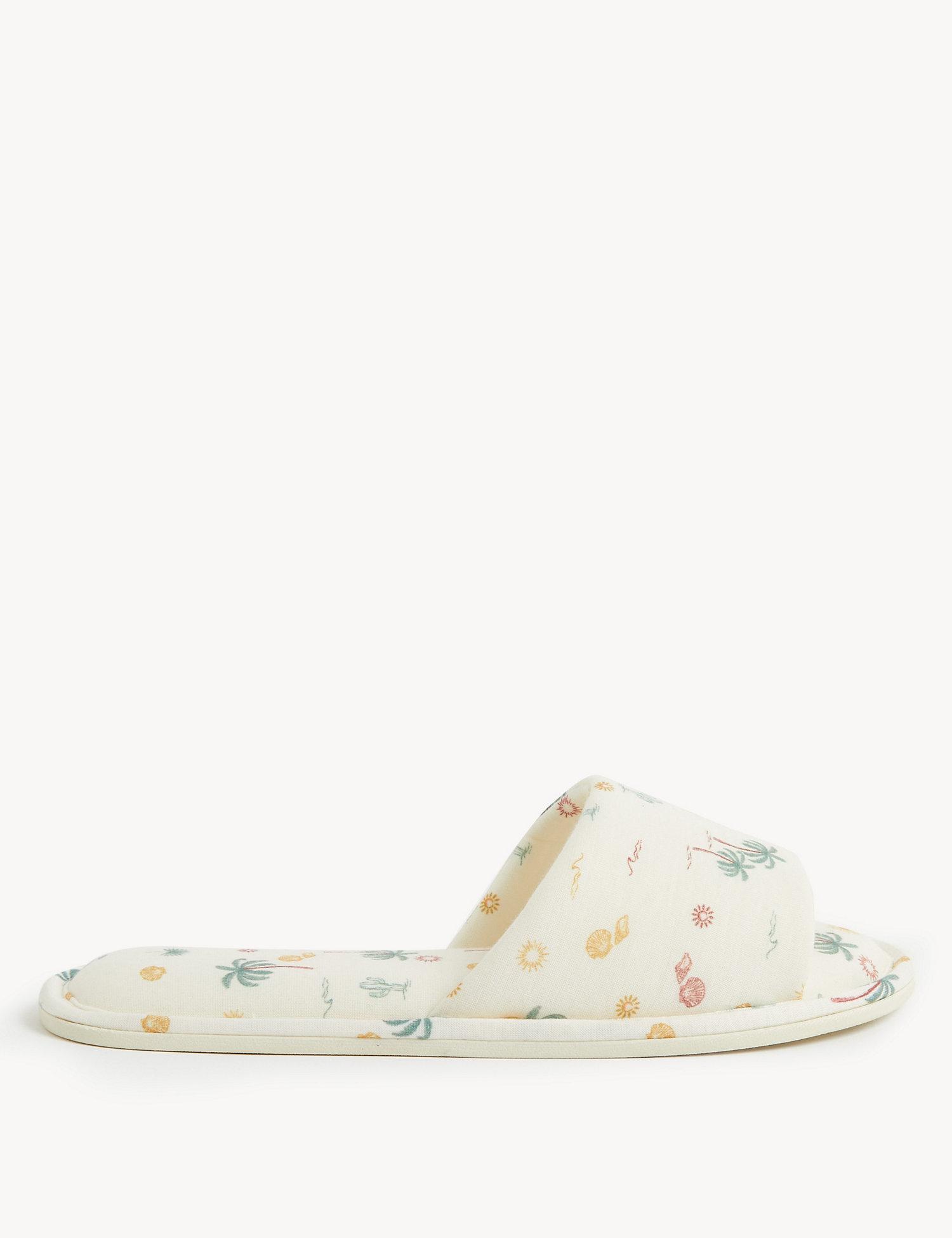 Palm Print Open Toe Mule Slippers