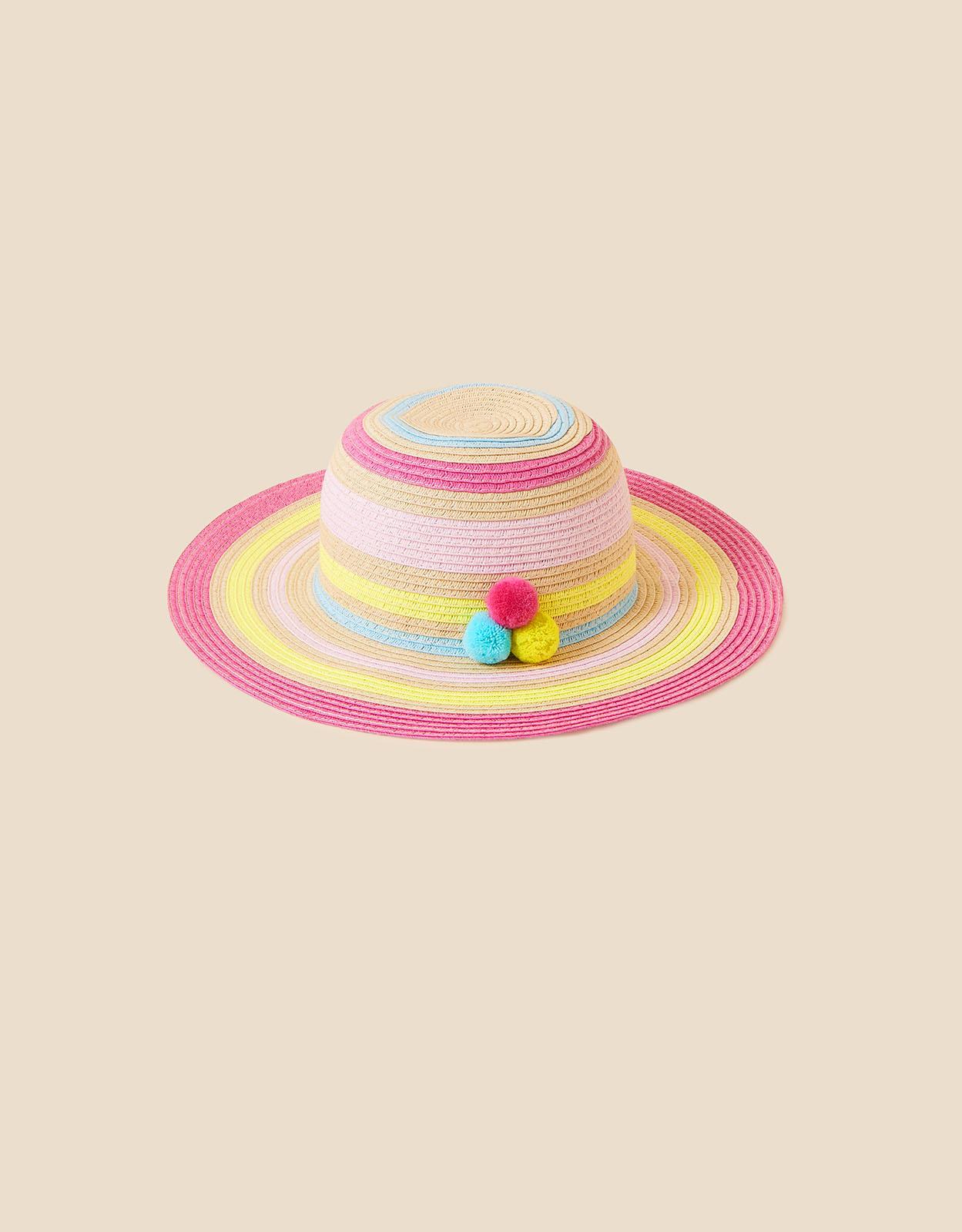 Pom-Pom Trim Stripe Floppy Hat